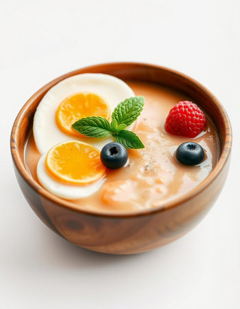 Yogurt with berries and egg in wooden bowl on white backgroundの写真素材
