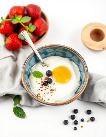 Healthy breakfast with fried egg and fresh berries on a white backgroundの写真素材