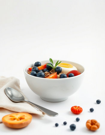 Healthy breakfast bowl with oatmeal, berries and orange juice on white backgroundの写真素材