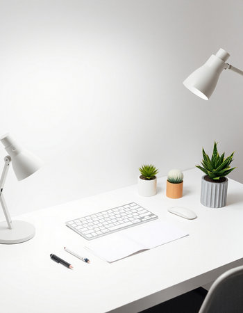 White office desk with a computer, a plant, a lamp and a notebookの写真素材