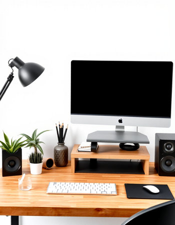 Modern workspace with computer, keyboard, mouse and other items. 3D Renderingの写真素材