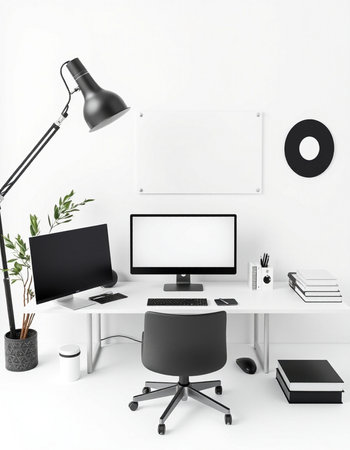 Modern office interior with blank poster, computer and accessories. Mock up, 3D Renderingの写真素材
