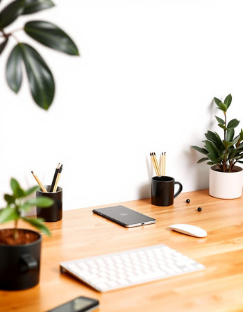 Wooden office desk with laptop, coffee cup and plant on white backgroundの写真素材