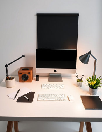 Designer desktop with blank screen computer monitor, coffee cup, camera and other items. Mock upの写真素材