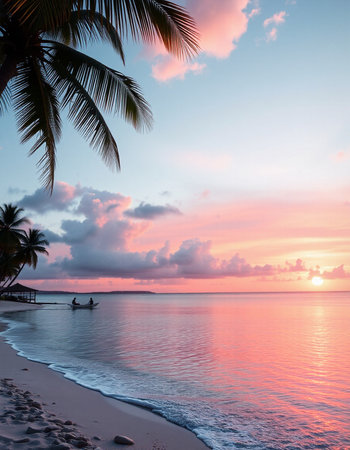 Beautiful tropical beach with palm tree and sunsetの写真素材