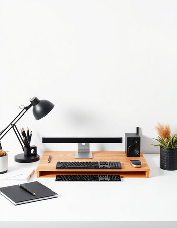 Modern workspace with computer, keyboard, mouse and other items on white table. 3D Renderingの写真素材