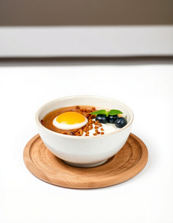 Healthy breakfast with yoghurt and egg in a white bowlの写真素材
