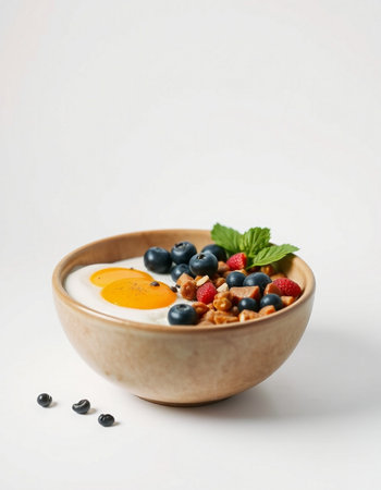 Healthy breakfast. Oatmeal with berries and egg on white backgroundの写真素材
