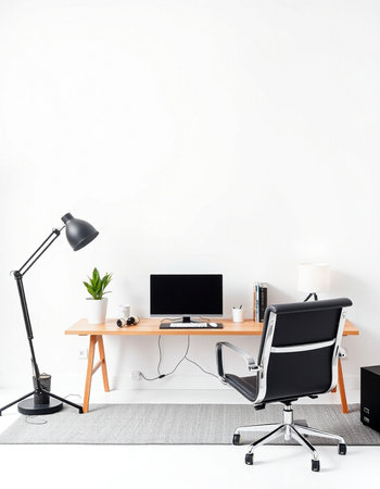Interior of modern office with computer, lamp and chair. Workplace conceptの写真素材