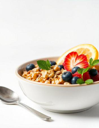 Bowl of muesli with fresh berries and mint on white backgroundの写真素材