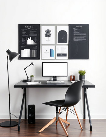 Workplace with modern computer and black chair on wooden floor in officeの写真素材
