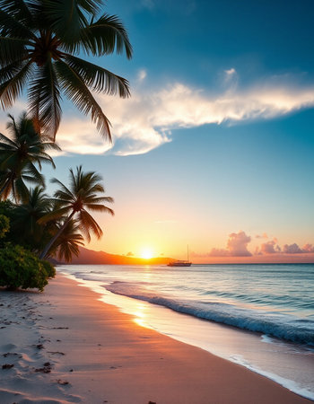 Tropical beach with palm trees at sunset, Seychellesの写真素材