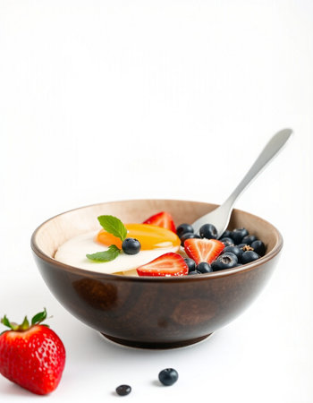 yogurt with fresh berries in a bowl on a white backgroundの写真素材