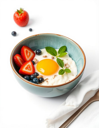 Breakfast with fried eggs, fresh berries and mint on white backgroundの写真素材