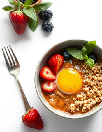Bowl of oatmeal with fresh berries and fried egg on white backgroundの写真素材