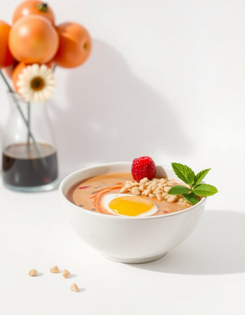 Delicious soup with fresh raspberries and egg in bowl on white backgroundの写真素材