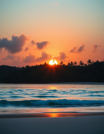 Beautiful sunset on the tropical beach. Thailand. Vintage tone.の写真素材