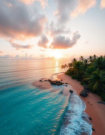 Aerial view of beautiful tropical beach and sea with coconut palm tree at sunset timeの写真素材