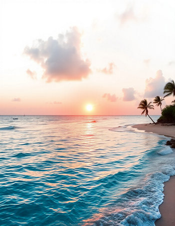Beautiful tropical beach and sea with coconut palm tree at sunset time - Holiday Vacation conceptの写真素材