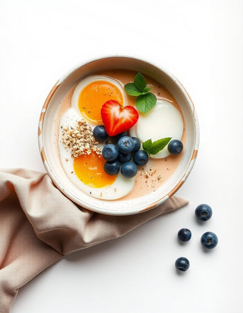 Healthy breakfast bowl with yogurt, berries and granola on white backgroundの写真素材