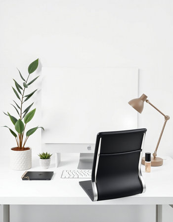 Modern workspace with blank poster on wall. Mock up, 3D Renderingの写真素材