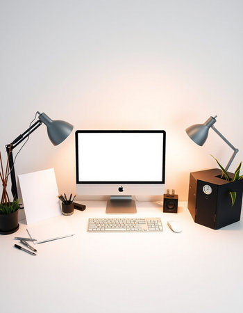 3D Rendering : illustration of desktop computer with blank white screenの写真素材