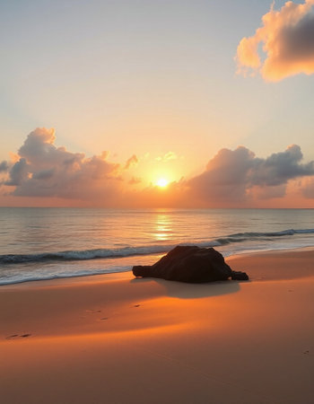 Beautiful sunset at the beach. Seascape with rocks.の写真素材