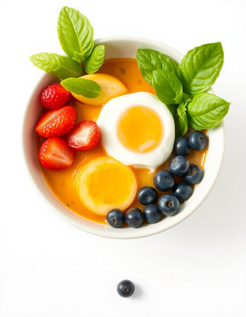 bowl of healthy breakfast with eggs, strawberries and blueberries on white backgroundの写真素材