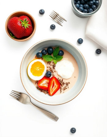 Healthy breakfast. Oatmeal porridge with yogurt, fresh berries and egg on white backgroundの写真素材