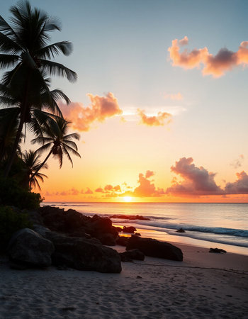 Beautiful sunset on the tropical beach. Seychelles.の写真素材