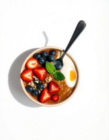 Healthy breakfast. Oatmeal with fresh berries and yogurt in bowl on white backgroundの写真素材