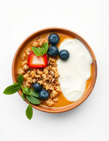 bowl of granola with yoghurt and berries on white backgroundの写真素材
