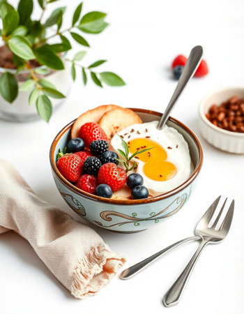 Breakfast with oatmeal, fresh berries and fried egg on white backgroundの写真素材