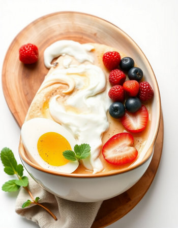 Creamy pancakes with fresh berries and egg on white background.の写真素材