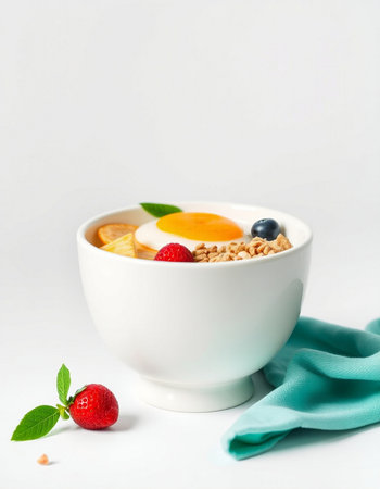 Healthy breakfast with oatmeal, berries and egg in a bowl on white backgroundの写真素材