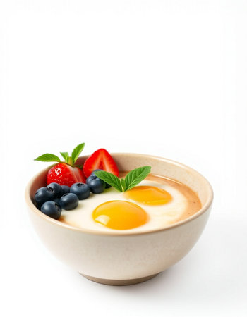 Bowl of yogurt with fresh berries and egg on white backgroundの写真素材