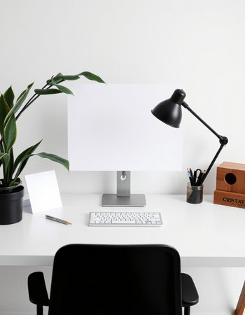 Modern workplace with computer, lamp and stationery on table. Mock upの写真素材