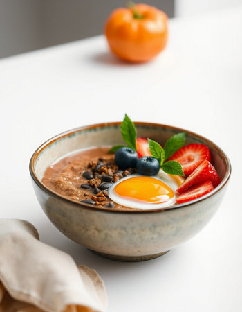 Healthy breakfast bowl with oatmeal, fresh berries and fried eggの写真素材