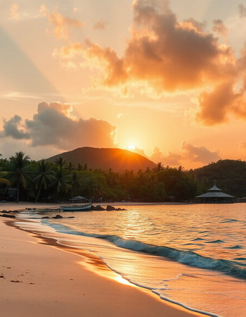 Beautiful sunset on the beach with palm trees and sunbeamsの写真素材