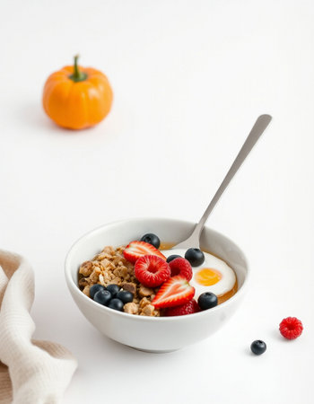 healthy breakfast with muesli and fresh berries on a white backgroundの写真素材