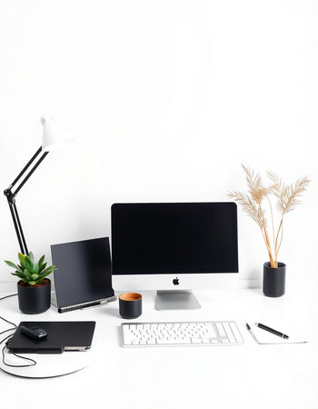 Modern workspace with computer, stationery, coffee cup and plant on white backgroundの写真素材