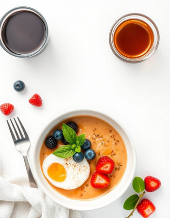 Healthy breakfast bowl with oatmeal, berries, eggs and coffee on white background, top viewの写真素材
