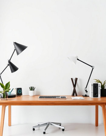 Interior of modern living room with wooden table, computer, lamp and plants. 3d renderの写真素材