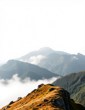Mountain landscape with fog in the morning, Carpathians, Ukraineの写真素材