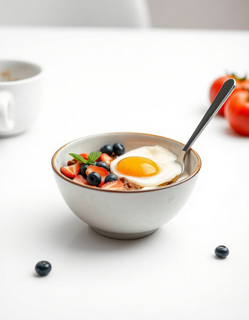 Breakfast with omelet, berries and yogurt on white tableの写真素材