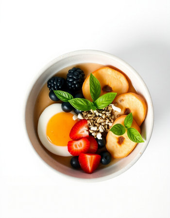 bowl of oatmeal with berries and egg on white background, top viewの写真素材