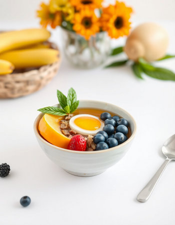 Healthy breakfast bowl with oatmeal, fruits and berries on white backgroundの写真素材