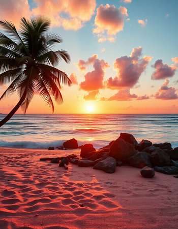 Beautiful tropical beach and sea with coconut palm tree at sunset timeの写真素材