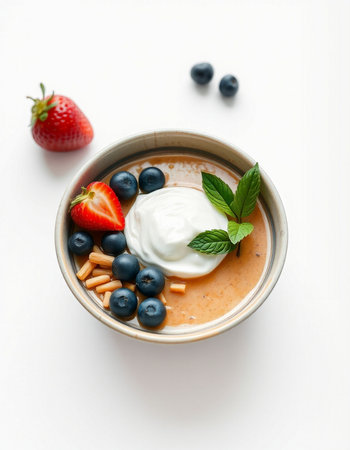 Healthy breakfast bowl with yogurt, berries and mint on white backgroundの写真素材