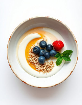 yogurt with fresh blueberries and strawberries on a white backgroundの写真素材